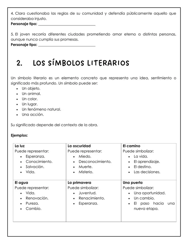 Lengua y literatura - Personaje tipo, símbolo y tópico literarios 1° medio