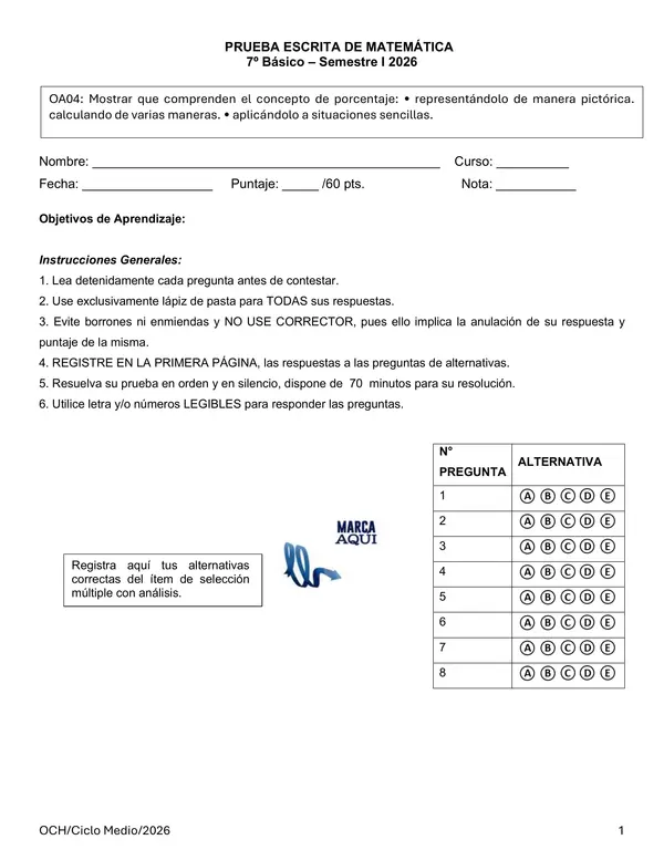 Evaluación OA4 Porcentajes 7° Básico | Cálculo, Aplicaciones y Problemas Cotidianos