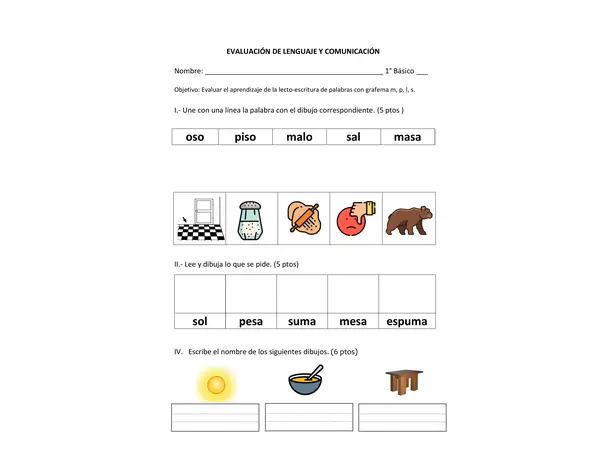 Evaluación m, l , p s. Primero Básico