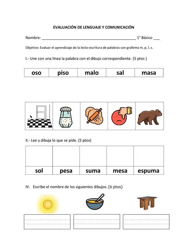 Evaluación m, l , p s. Primero Básico