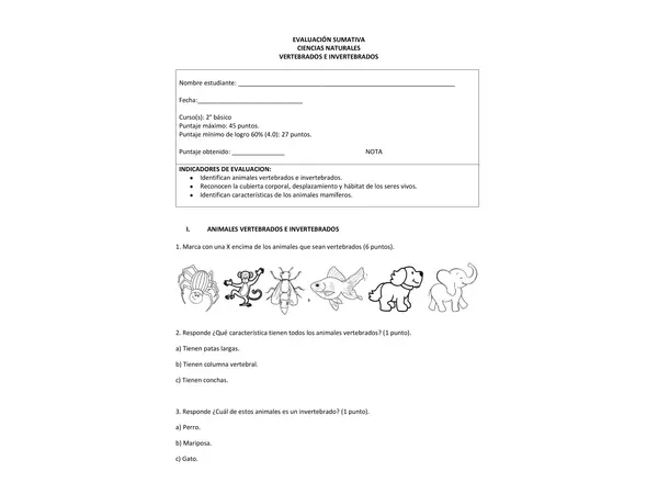 Prueba Vertebrados e Invertebrados 2° Básico