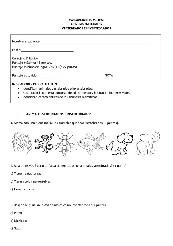 Prueba Vertebrados e Invertebrados 2° Básico