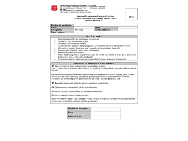 Evaluación Unidad 4 Séptimo básico: La identidad, quién soy y cómo me ven los demás