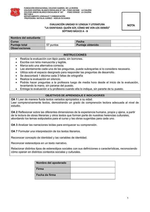 Evaluación Unidad 4 Séptimo básico: La identidad, quién soy y cómo me ven los demás