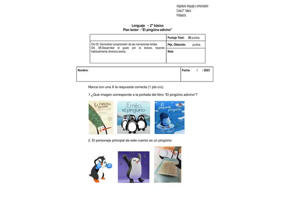 Evaluación pinguino adivino 2° básico 