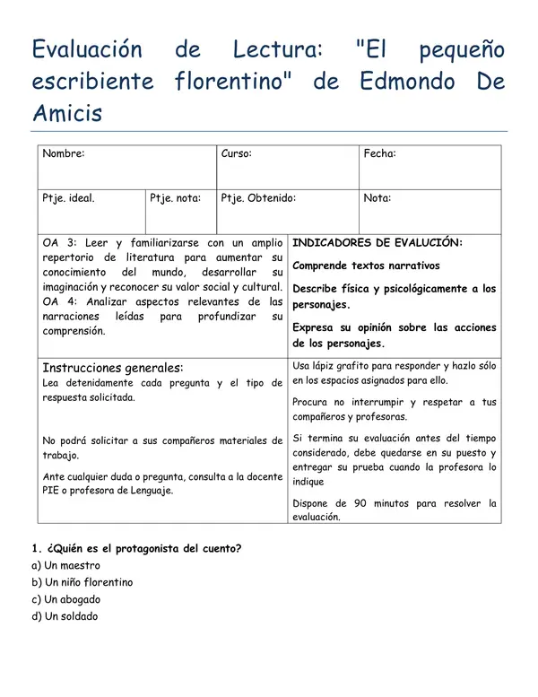 Control de lectura de "El pequeño escribiente florentino"