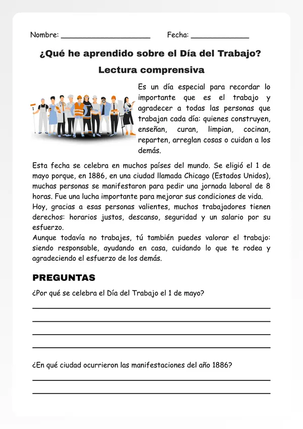 Ficha comprensión lectora Día del trabajo