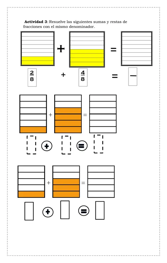 Guía de sumas y restas de fracciones de igual denominador representaciones pictóricas.