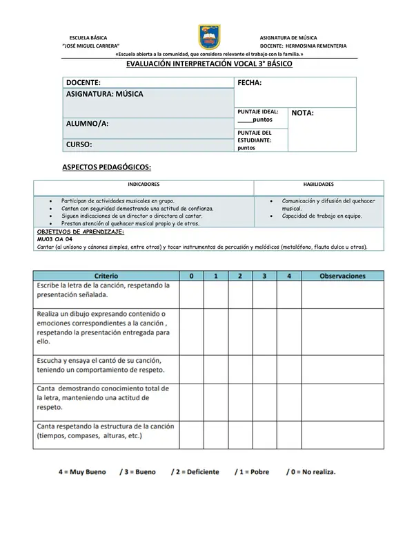 Rúbrica para evaluar Interpretación vocal