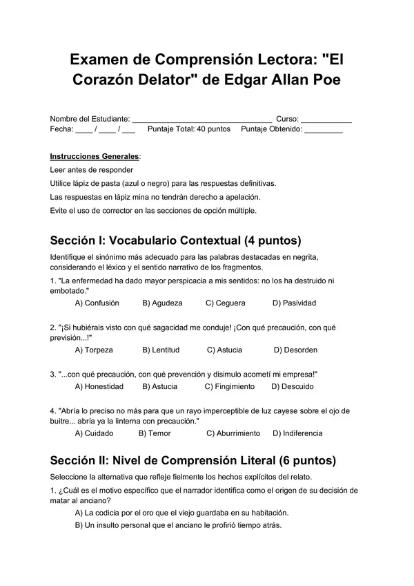 Examen de Comprensión Lectora: "El Corazón Delator" de Edgar Allan Poe