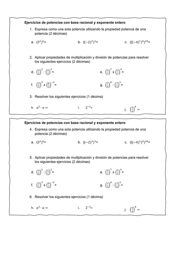Mini ejercicios de Potencia con base racional y exponente entero 
