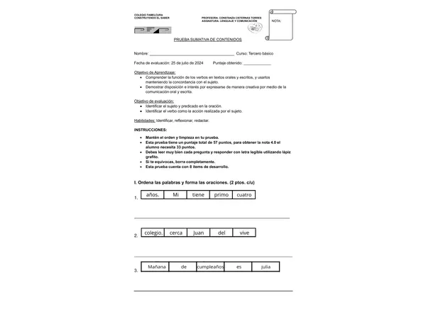 prueba sujeto y predicado adecuada 