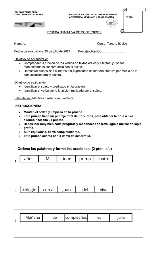 prueba sujeto y predicado adecuada 