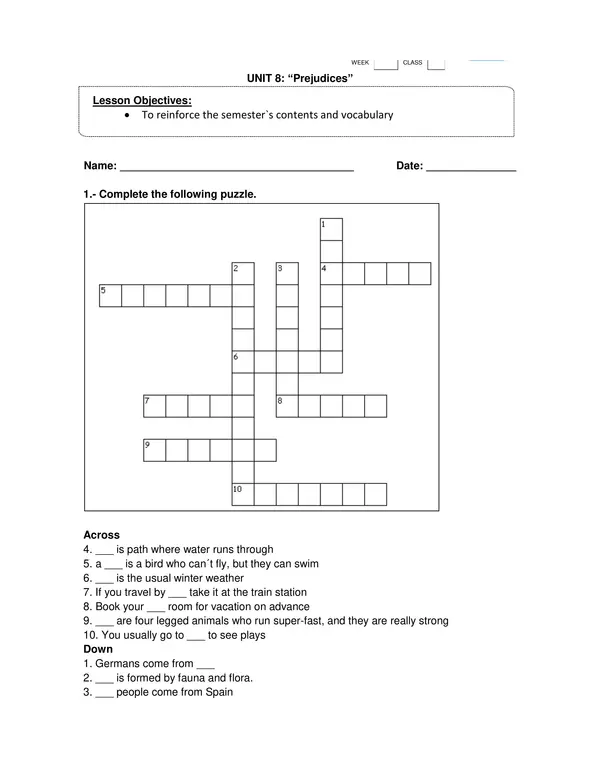 Guia de Ingles 6 Basico: Prejudices - To reinforce the semester`s contents and vocabulary