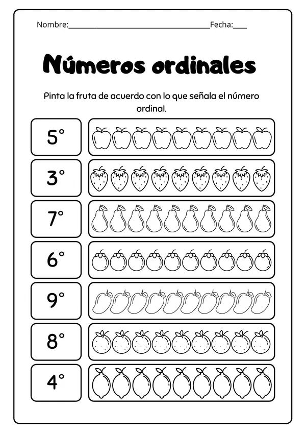Set de ejercicios de números ordinales 1° al 10° Matemática Primero Básico