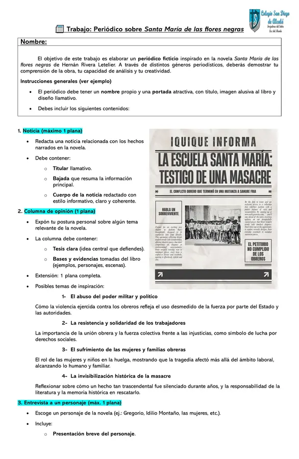 📰 Recurso educativo: Periódico sobre "Santa María de las flores negras"