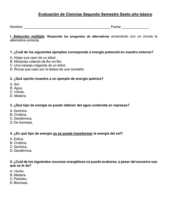 Evaluación de ciencias segundo semestre 6° año básico.