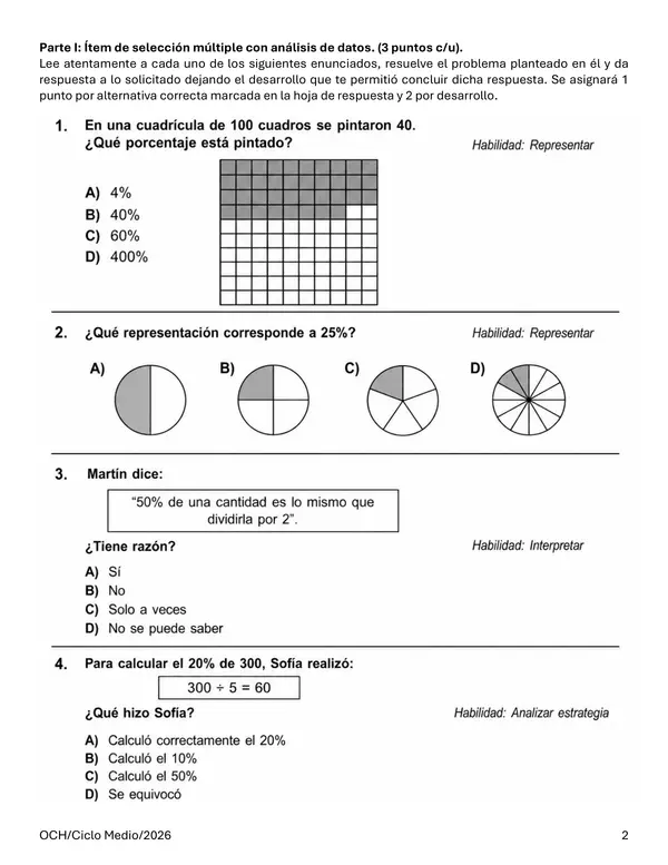 Evaluación OA4 Porcentajes 7° Básico | Cálculo, Aplicaciones y Problemas Cotidianos