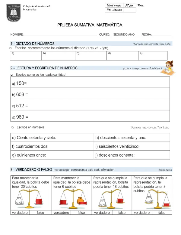 Prueba matemáticca Igualdad - Desigualdad y Ecuaciones 