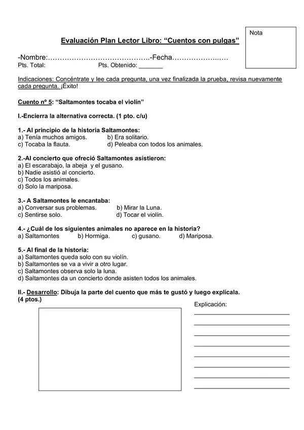 Evaluación libro "Cuentos con pulgas" de Saúl Schkolnik. 