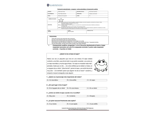 EVALUACION ESTANDARIZADA PRIMERO BASICO 
