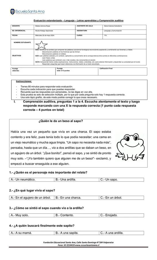 EVALUACION ESTANDARIZADA PRIMERO BASICO 