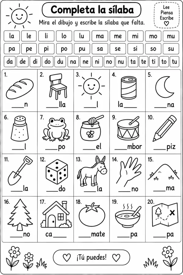 Completa la sílaba – Actividad de lectoescritura para primeros lectores | Ficha imprimible