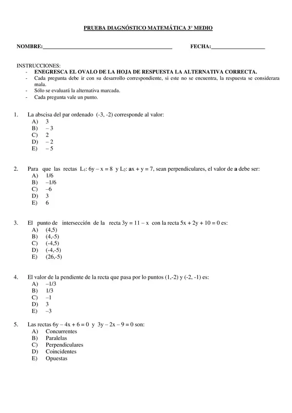 Evaluacion Diagnostica TERCERO medio, MATEMATICAS, con soluciones categorizadas