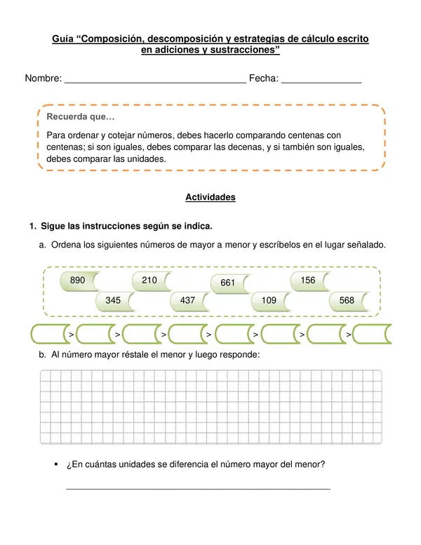 Guía "Composición y descomposición en adiciones y sustracciones"