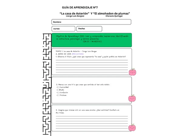 " Comprensión Lectora:  GUÍA N°7 “La casa de Asterión”  Y “El almohadon de plumas”  RICE