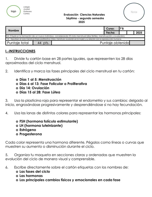 Evaluación Ciencias Naturales 7°B: Ciclo menstrual y reproducción humana 2025