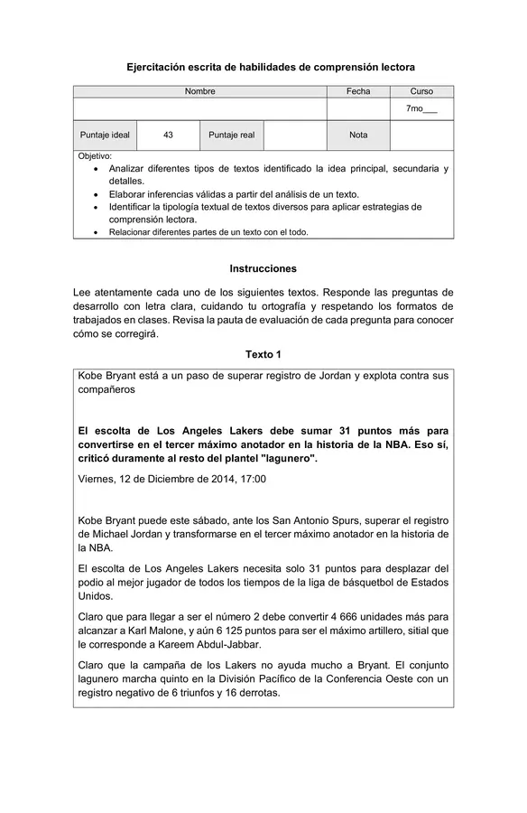 7mo/8vo - Ejercitación escrita de habilidades de comprensión lectora 