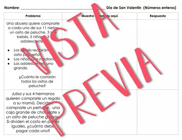 Día de San Valentín. Problemas enteros, decimales y fracciones