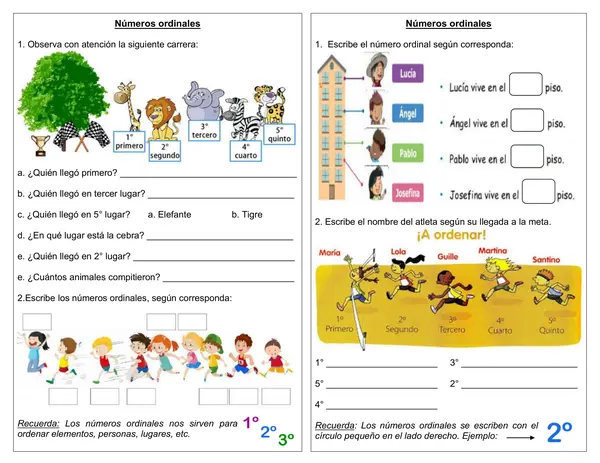 Guía de matemática 1° año "Números ordinales"