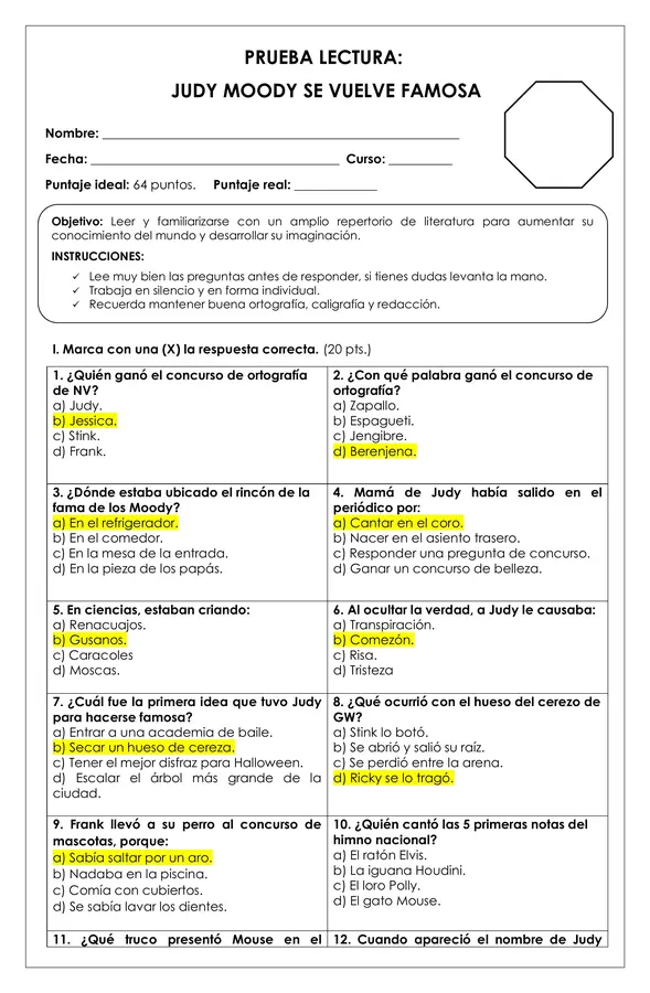 Prueba Lectura - Judy Moody se vuelve famosa