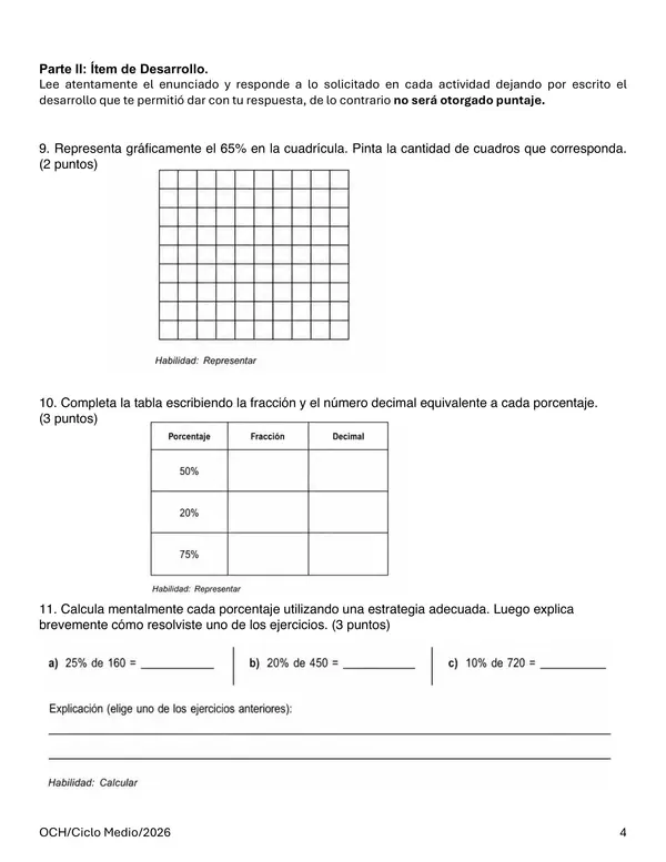 Evaluación OA4 Porcentajes 7° Básico | Cálculo, Aplicaciones y Problemas Cotidianos