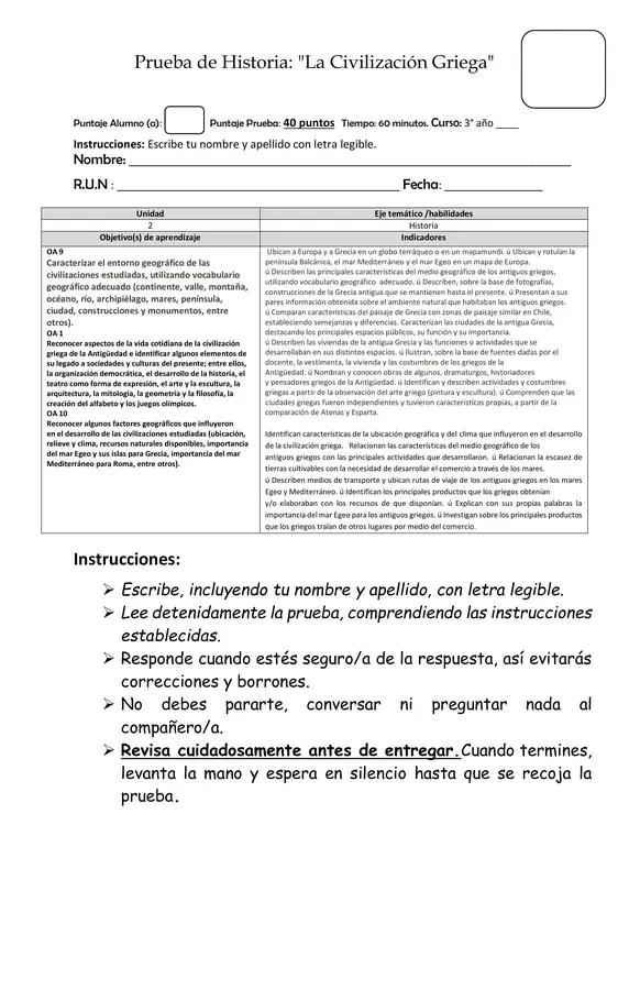 Prueba editable Word "Civilización Griega " Terceros años Historia