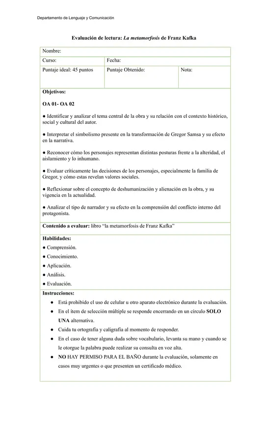 Evaluación de Lectura: La metamorfosis de Franz Kafka