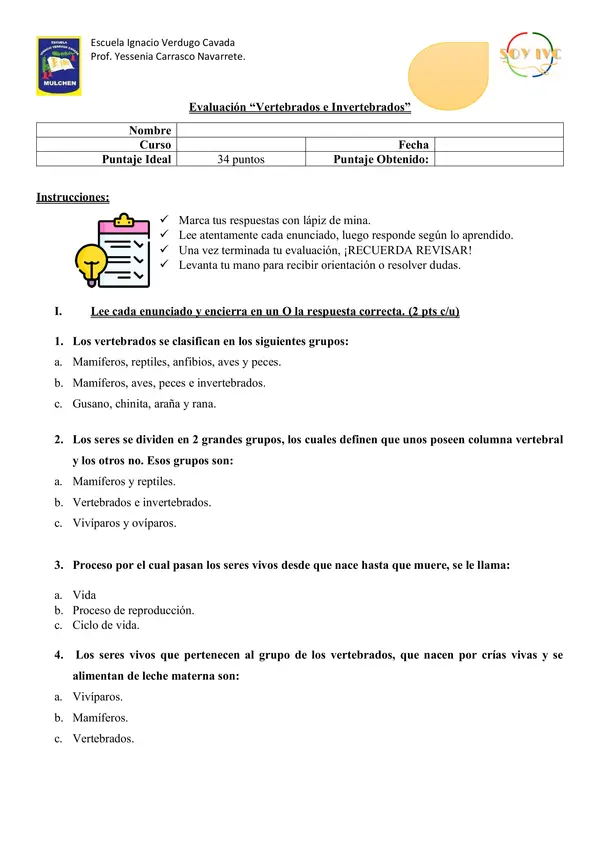 Evaluación de ciencias naturales: Vertebrados e invertebrados.