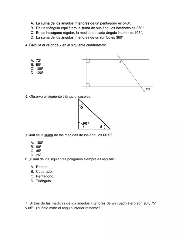 Prueba Poligonos unidad 3 , Matematicas Septimo Basico con Soluciones