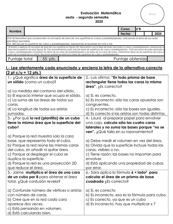 Evaluación OA13 y OA18: Área de cubos, paralelepípedos y redes (6°  – 2025)