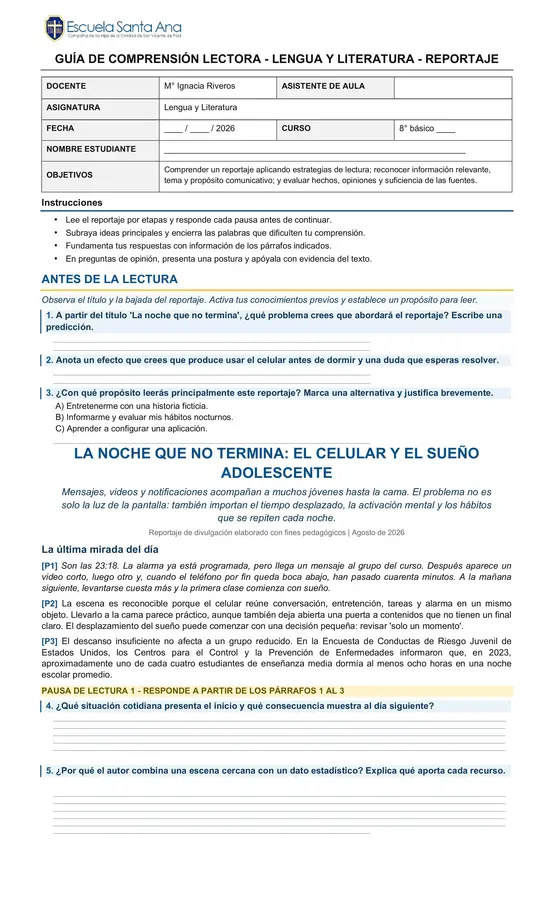 Guia reportaje: El uso del celular y el sueño de los adolescentes.