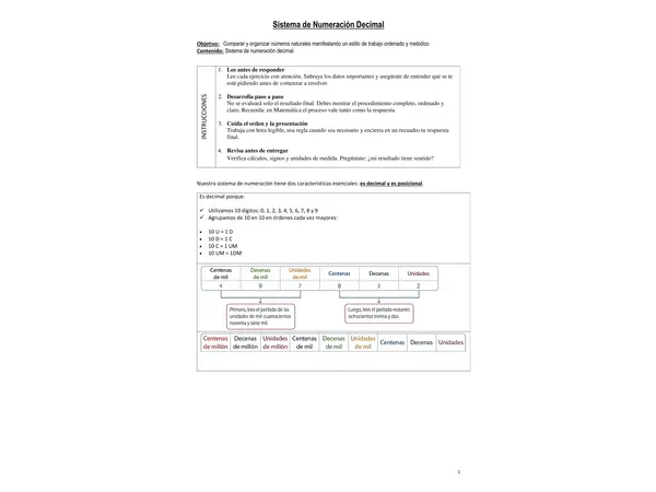 GUÍA DE SISTEMA DE NUMERACIÓN DECIMAL + GUÍA EVALUADA