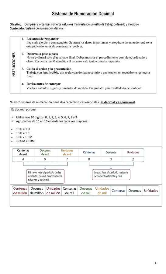 GUÍA DE SISTEMA DE NUMERACIÓN DECIMAL + GUÍA EVALUADA
