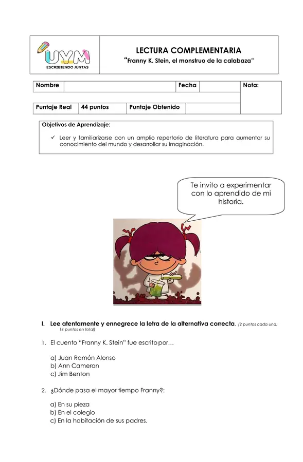 Evaluación lectura “Franny K. Stein, el monstruo de la calabaza”
