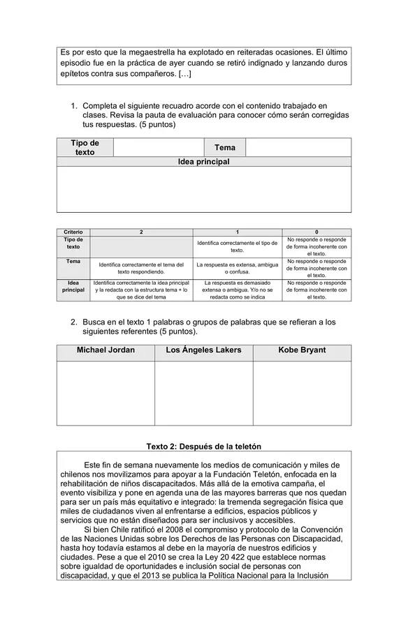 7mo/8vo - Ejercitación escrita de habilidades de comprensión lectora 