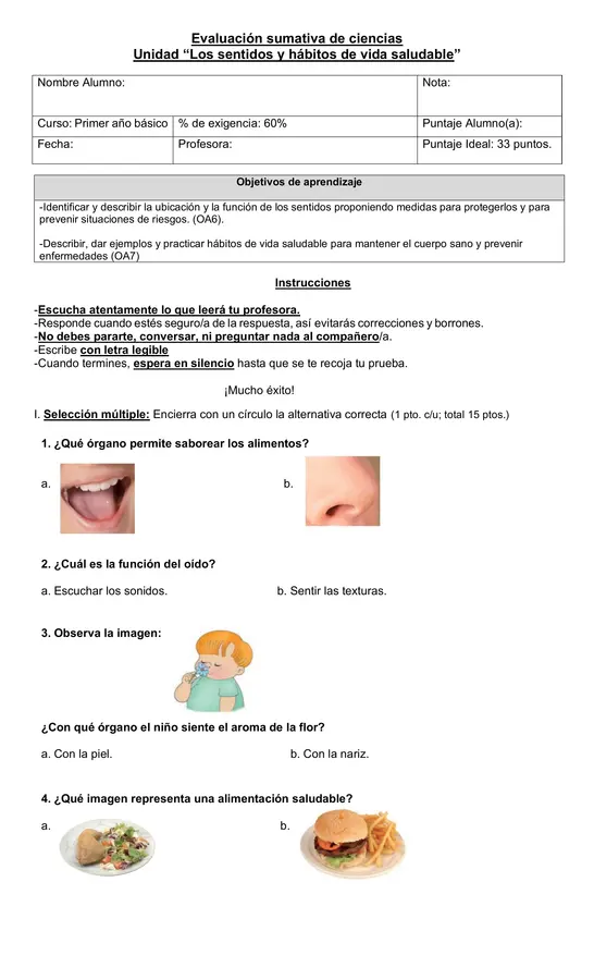Evaluación de ciencias 1° básico "Lo sentidos y hábitos de vida saludable"