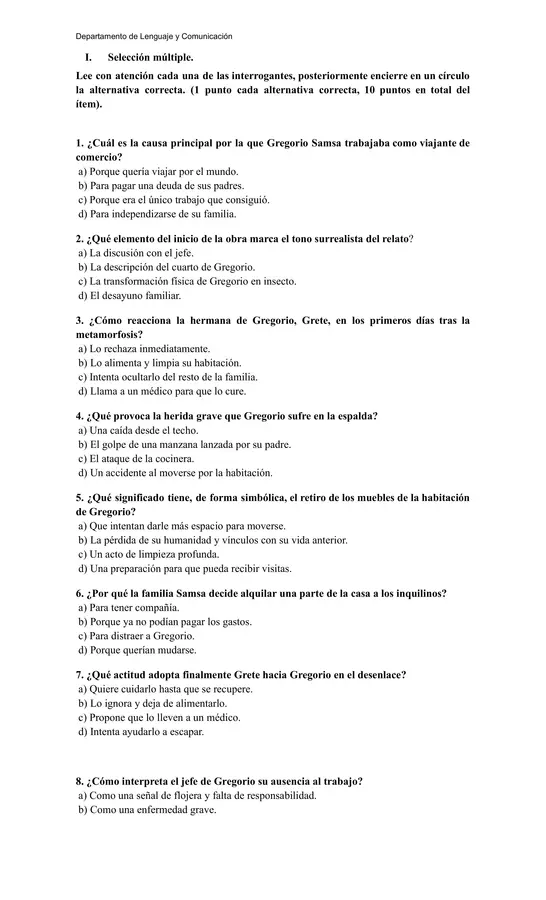 Evaluación de Lectura: La metamorfosis de Franz Kafka