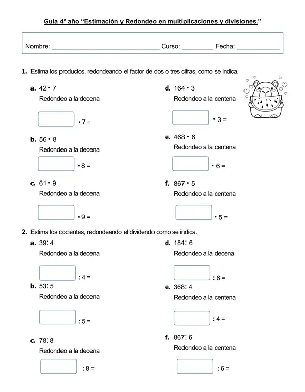Guía 4°año "Estimación y Redondeo en multiplicaciones y divisiones"