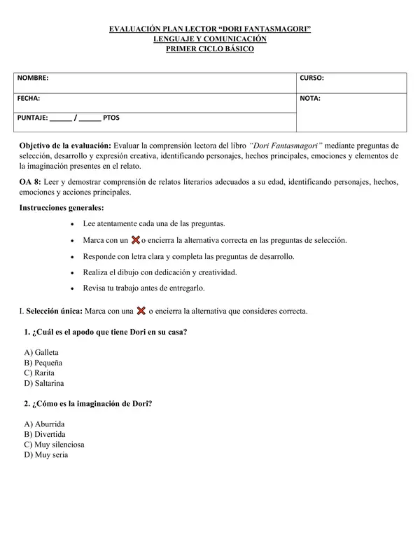 Evaluación de lectura – “Dori Fantasmagori”